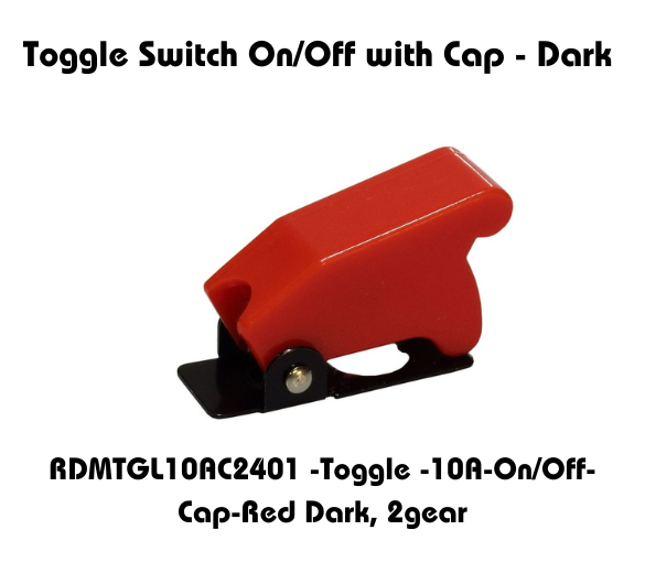 Red toggle switch with dark cap, model RDMTGL10AC2401, 10A On/Off, 2 gear positions